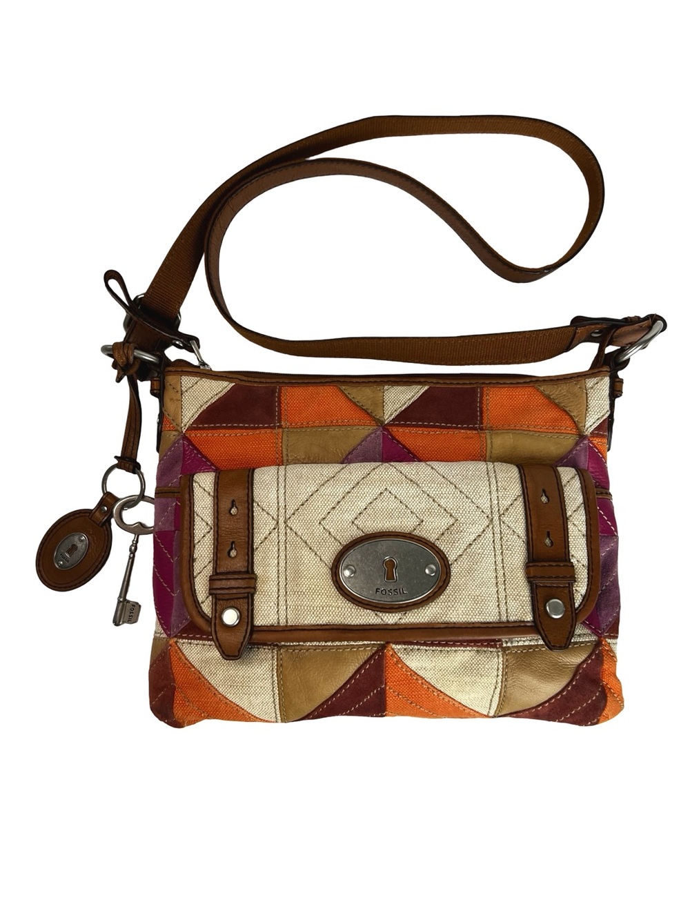 Fossil ZB4687 Patchwork Crossbody Bag Y2K Boho Leather Canvas Key Charm